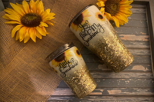 You are my sunshine and Little Sunshine - Sunflower - mommy & me travel tumbler / coffee and bottle tumbler